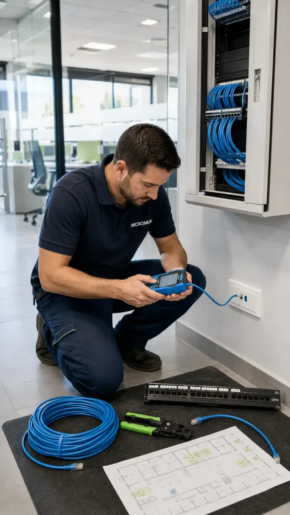 Técnico informático comprobando el estado de los sistemas de una empresa