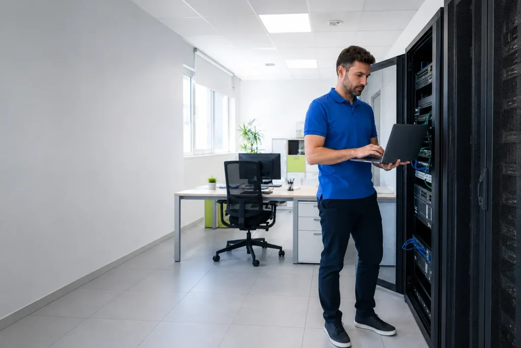 Técnico informático revisando servidores de una empresa