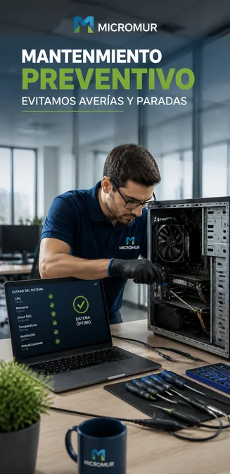 Técnico de Micromur realizando mantenimiento preventivo y diagnóstico de un ordenador empresarial.