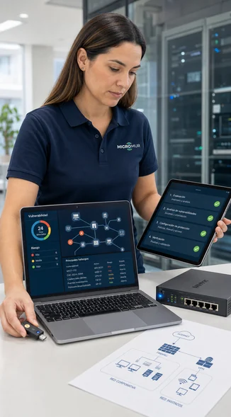 Consultora de Micromur realizando una auditoría y configurando la seguridad informática de una empresa