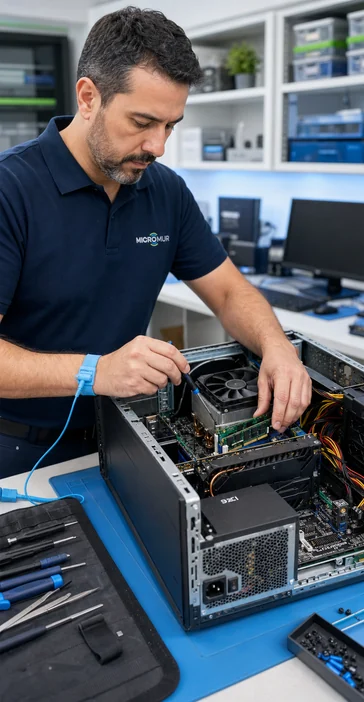 Técnico de Micromur reparando un ordenador de sobremesa para una empresa