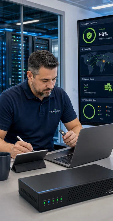 Especialista de Micromur supervisando la seguridad informática, el firewall y la protección de equipos empresariales