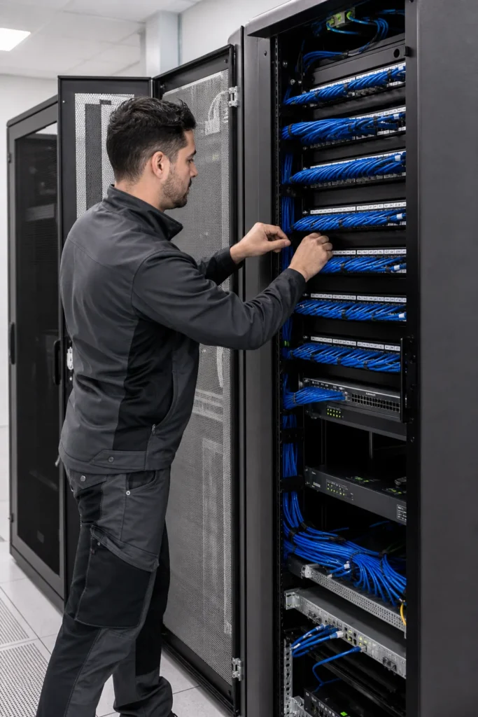 Técnico organizando conexiones en un armario rack Técnica de Micromur organizando y etiquetando el cableado estructurado de un armario de comunicaciones